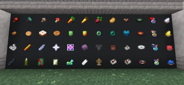 Grid of enhanced item icons on dark wall