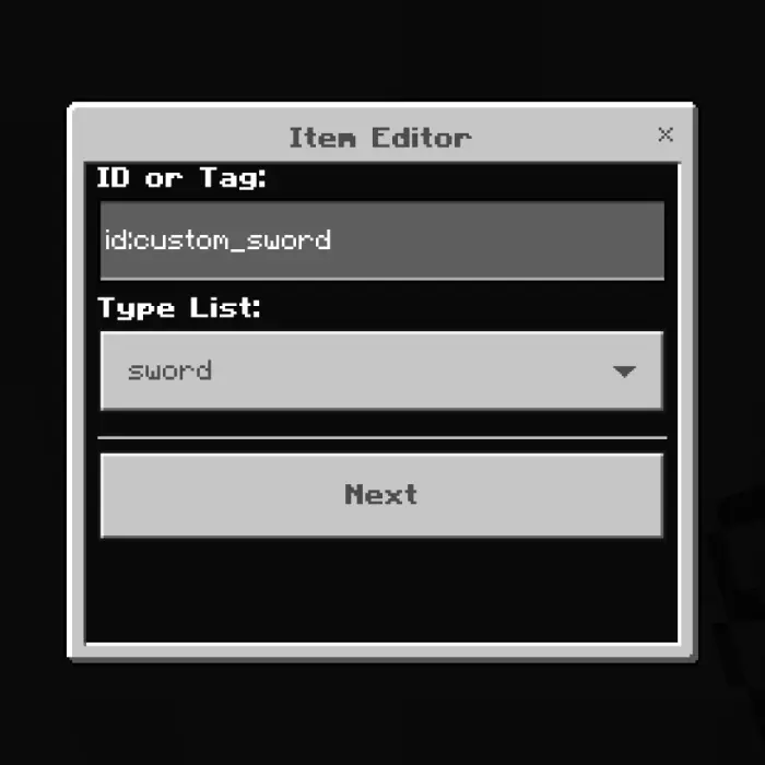 Item editor menu with custom sword tag