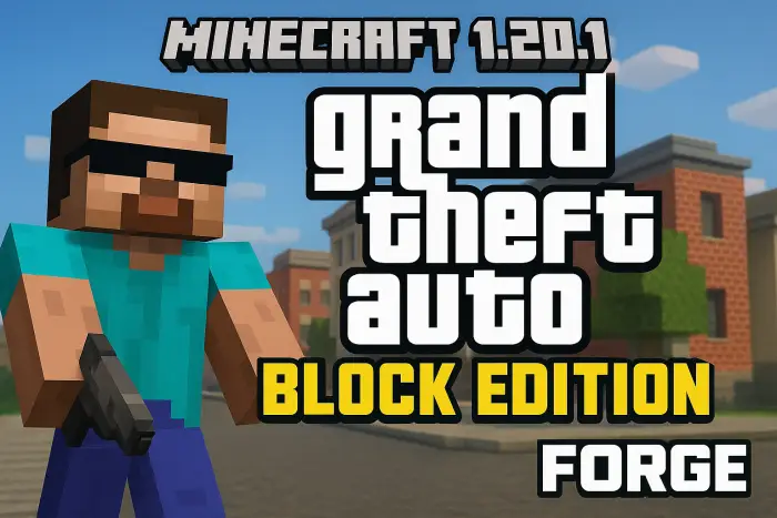 Blocky character with gun and city background