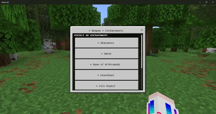 Addon menu showing weapon enchantments list