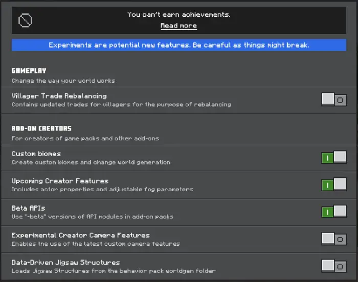 Game settings menu with experimental features.