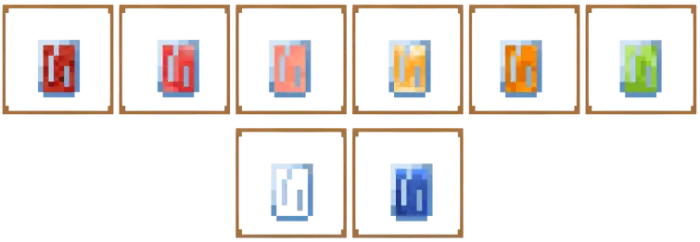 Seven framed pixel art food icons in a row.