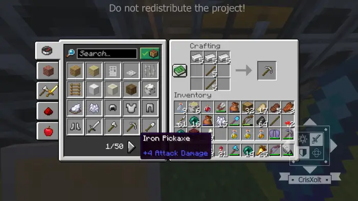 Java-style crafting UI with inventory panel