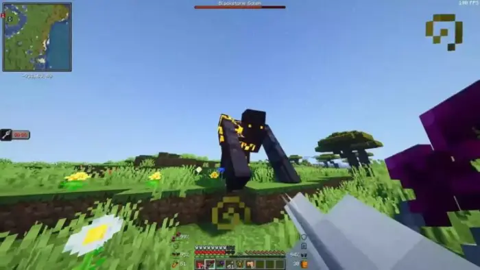 Player battles a dark golem in grassy biome