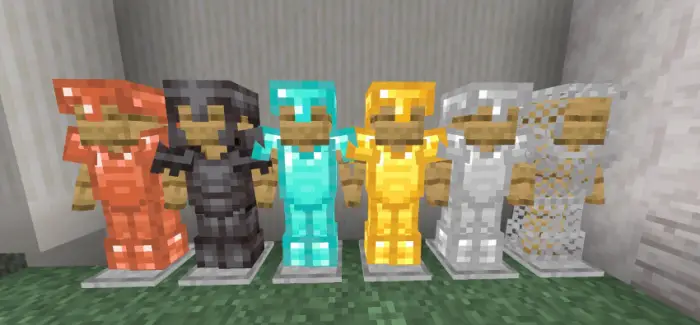 Six armor stands displaying colorful armor sets.