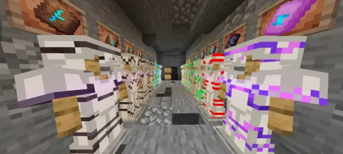 Armored mannequins in a dim stone hallway
