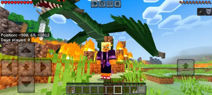 Player stands before a dragon and burning land