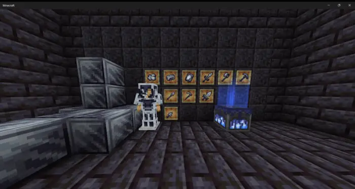 Player in armor with new tools on display wall