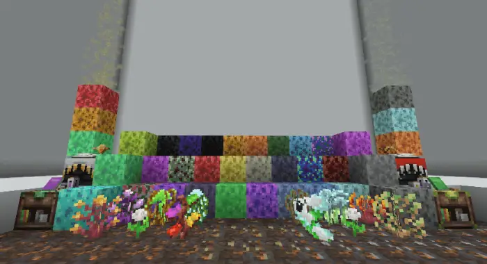 Colorful blocks and fantasy-themed ores display