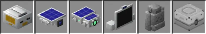 1. Futuristic white tech block 2. Blue solar panel component 3. Solar panel with green modules 4. Modern monitor device 5. Gr