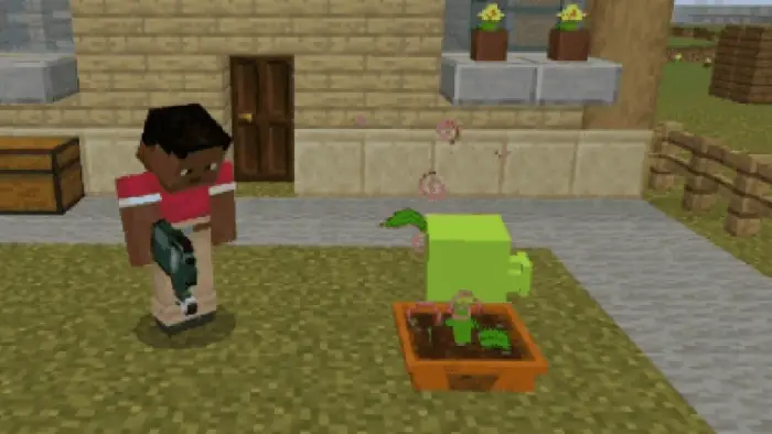 Blocky character with a plant in a pot