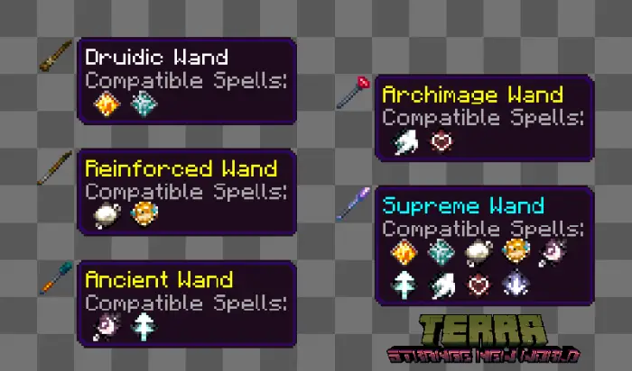 Five magical wands with spell icons displayed.