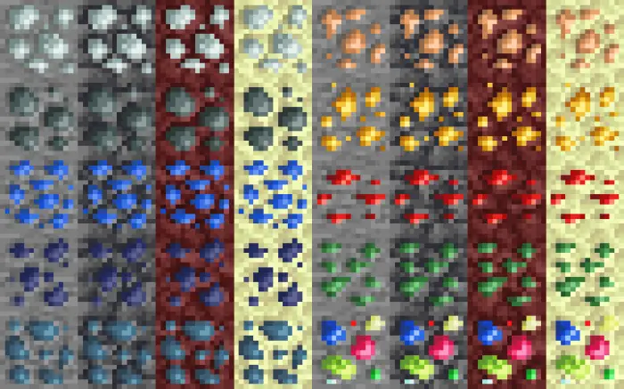 Colorful fantasy ores and gems in pixel art