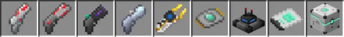 1. Futuristic pixel laser guns 2. Sci-fi blaster with green accent 3. Sleek silver and blue pistol 4. Hi-tech yellow and blue
