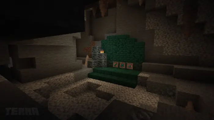 Emerald throne and relics in a cave