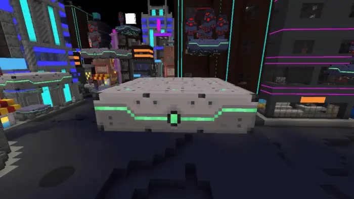 Futuristic cityscape with glowing tech block