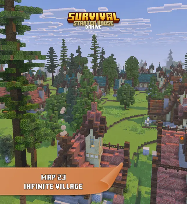 Pixelated village with houses and tall trees