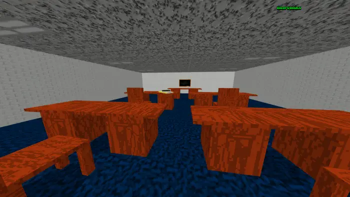 Blocky classroom with orange desks and chairs
