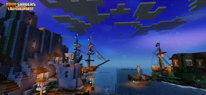 Harbor scene with vivid lighting and water