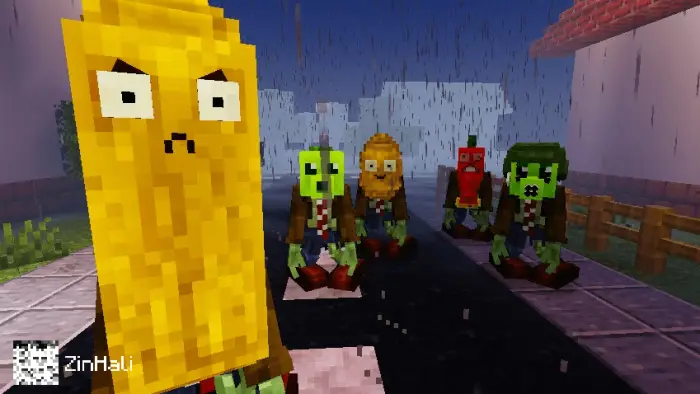 Blocky zombies and plants under the rain