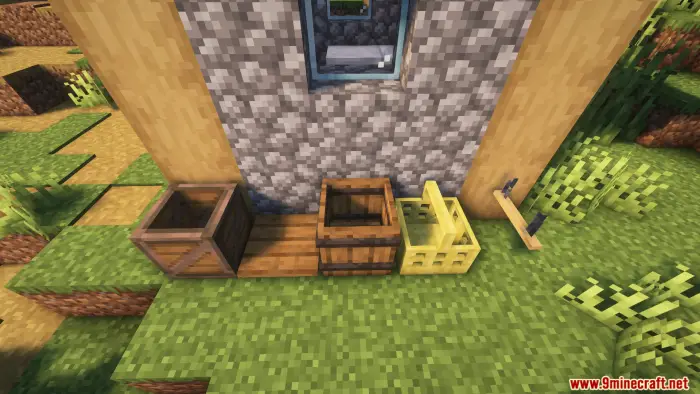 Wooden barrels and baskets by a stone wall