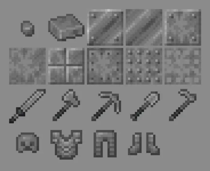 Pixel art of futuristic tools, blocks, and armor