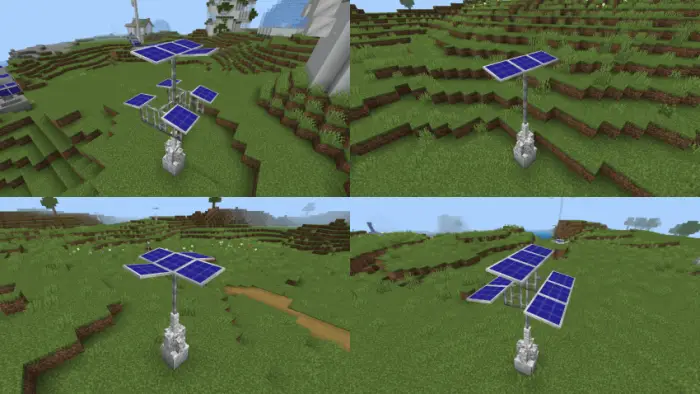 Solar panel structures on grassy terrain