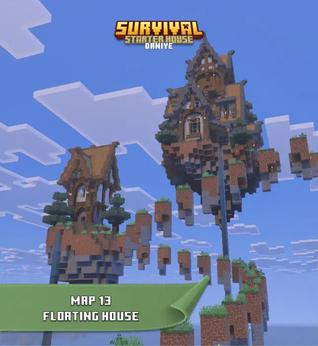 Two fantasy houses on floating islands.