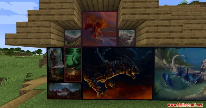 Pixel-art dragon paintings on a wall