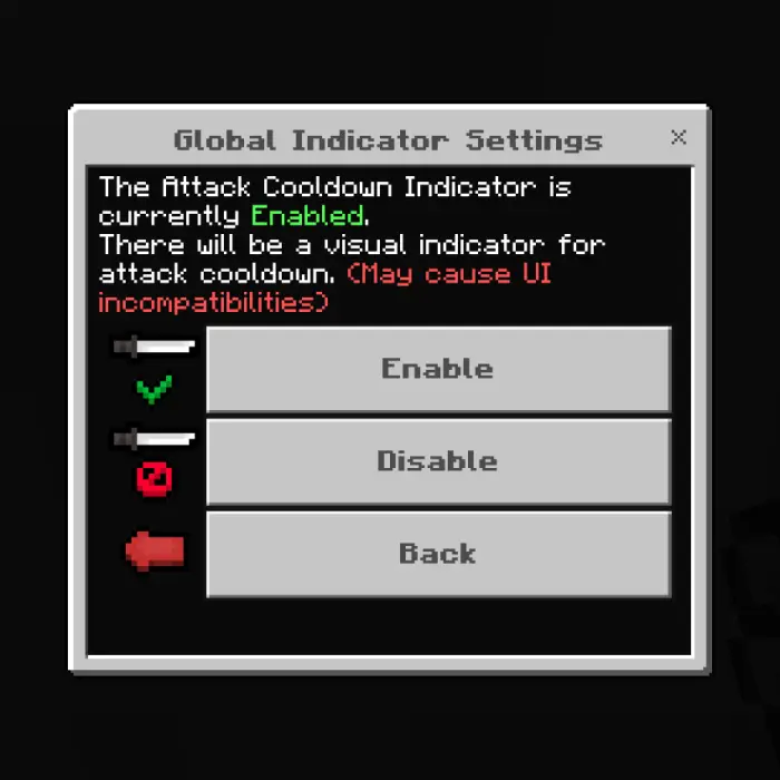 Attack cooldown indicator settings menu.