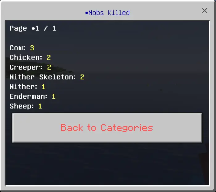 Stats screen showing mobs killed count.