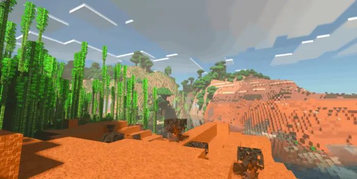 Ray-traced lighting on desert and bamboo terrain