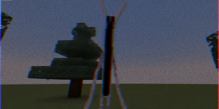Distorted tall creature near pixelated tree
