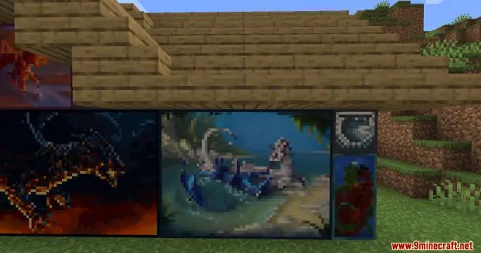 Pixel-art dragon paintings displayed on a wall