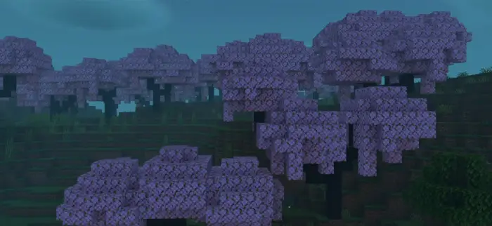 Blocky purple trees in soft, cinematic light