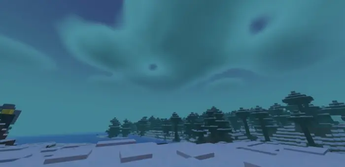 Snowy forest under cinematic, cloudy sky