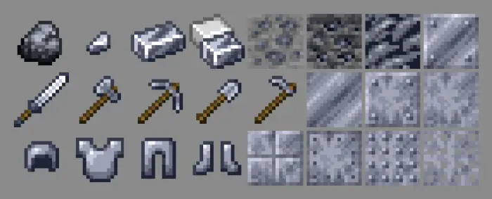 Pixel art tools, armor, and metal blocks