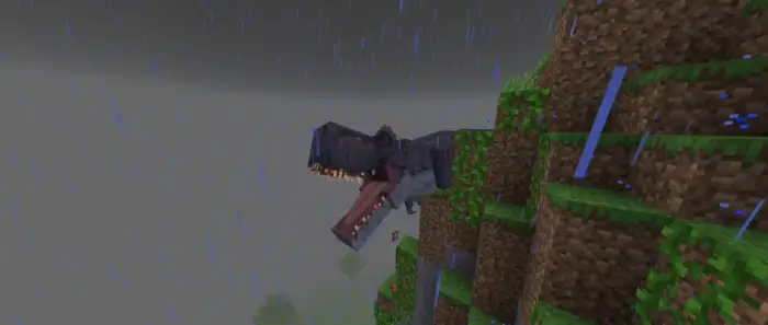 Dinosaur roaring on a rainy cliffside