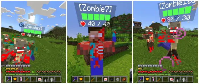 1. Armored zombies in open field 2. Close-up of a mutated zombie 3. Zombies attacking with status effects