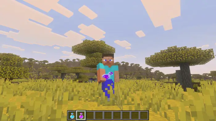 Player holding a pink potion in savanna biome
