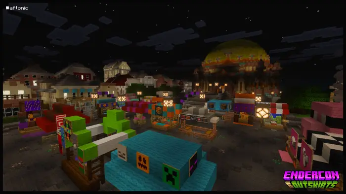 Colorful festival booths at night, EnderCon.