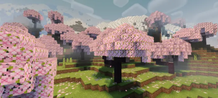 Blocky cherry blossom trees on rolling hills
