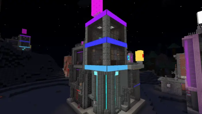 Futuristic neon-lit building at night