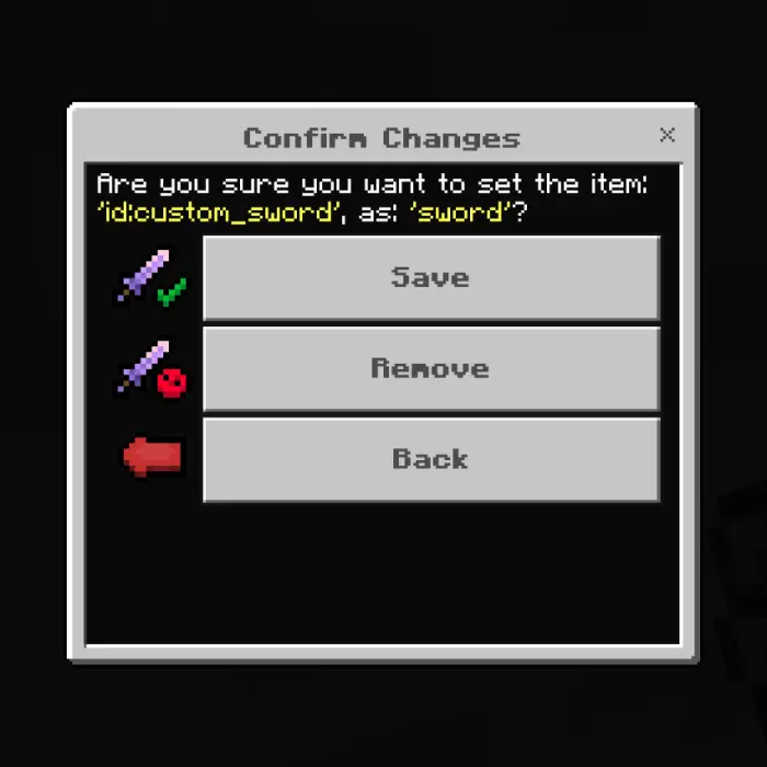 Custom sword settings confirmation menu.