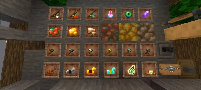 Dark-themed item frames with various tools