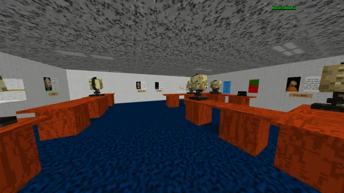 Blocky classroom with desks and globes.