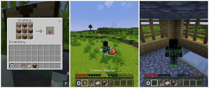 1. Crafting a shelter item 2. Player holding shelter outdoors 3. Player inside a wooden shelter