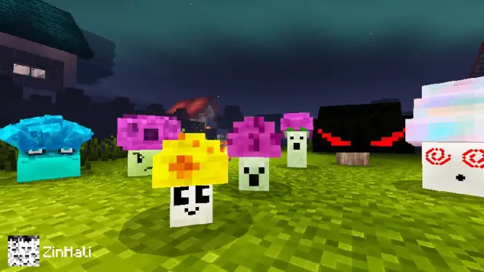 Blocky plants and mushrooms on grassy field