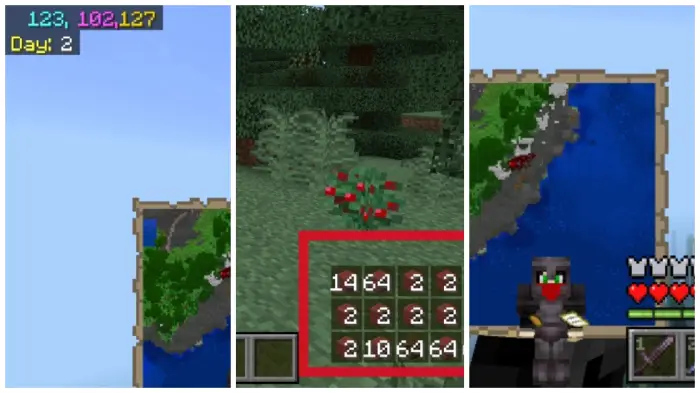 1. Coordinates and day shown on HUD 2. Inventory item counts overlay 3. Armor and health icons on screen