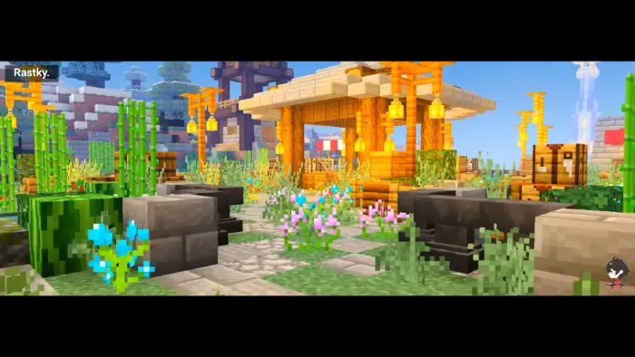 Vivid garden with lantern-lit wooden gazebo